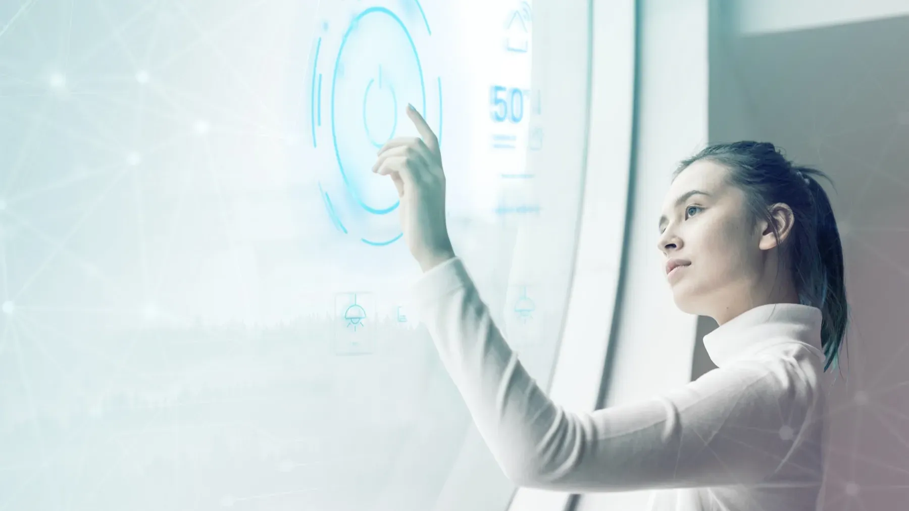 Woman Touching Power Button Virtual Screen Smart Home Technology 16 9